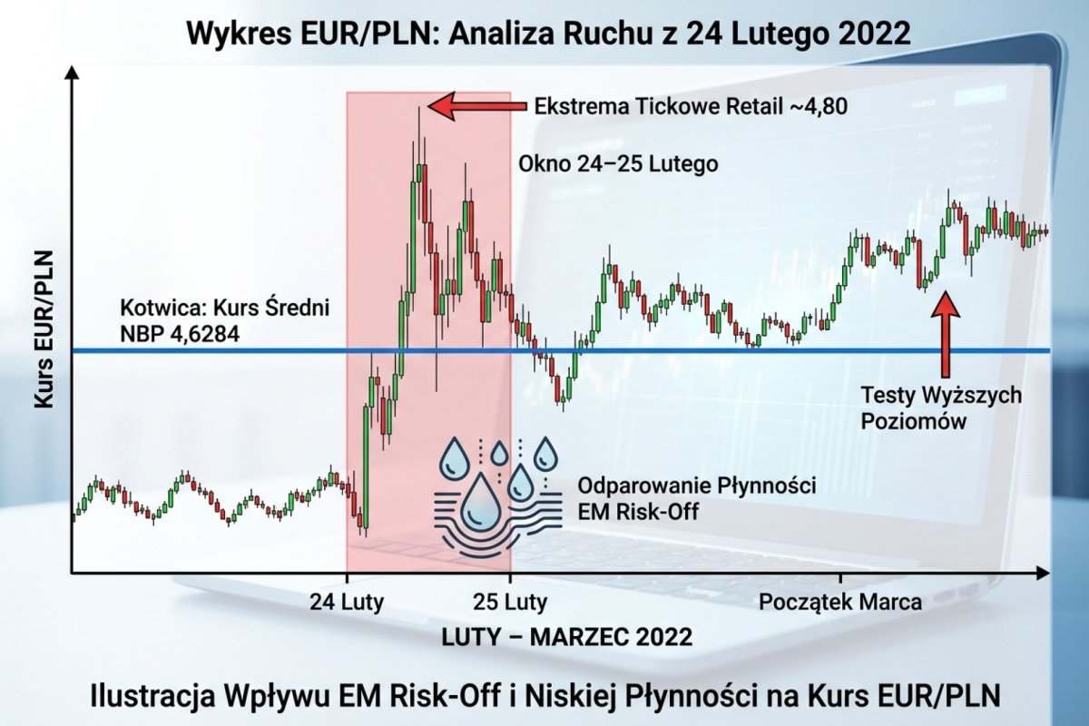 Wykres EUR/PLN z zaznaczonym ruchem z 24 lutego 2022 — kurs średni NBP 4,6284 jako kotwica, ekstrema tickowe na platformach retail w okolicach 4,80 w oknie 24–25 lutego, testy wyższych poziomów w początku marca; ilustracja odparowania płynności EM risk-off