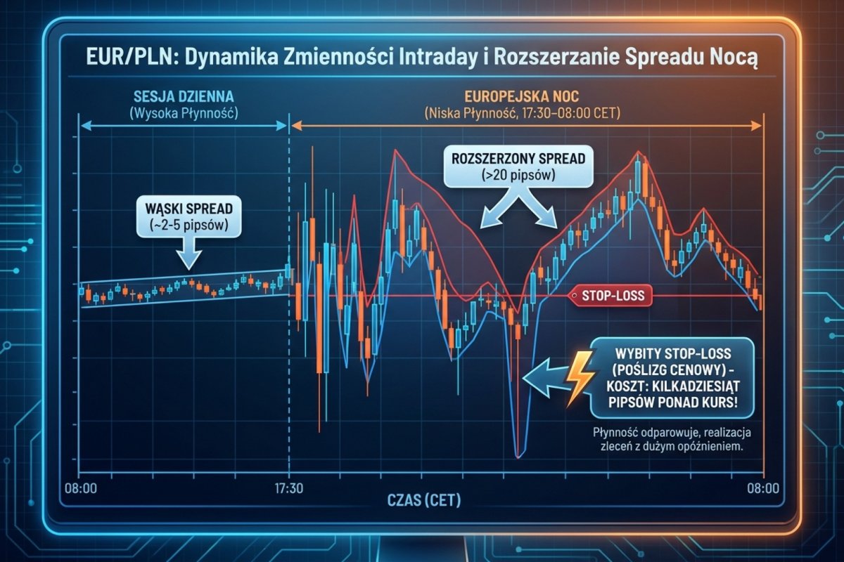 EUR/PLN — siatka zmienności intraday i rozszerzenie spreadu w godzinach europejskiej nocy (17:30–08:00 CET), gdy płynność odparowuje, a każdy wybity stop-loss kosztuje kilkadziesiąt pipsów ponad kwotowany kurs