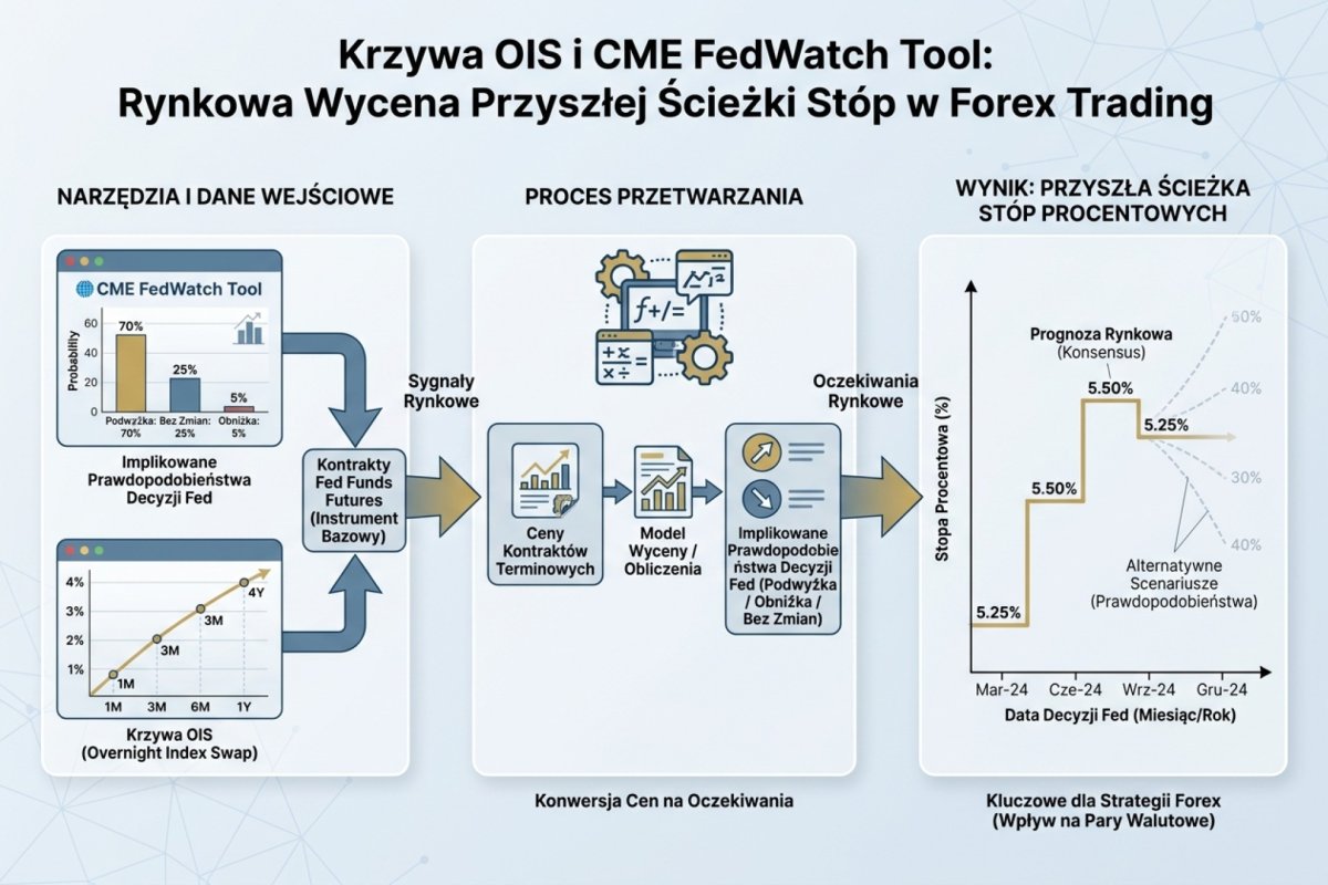 Krzywa OIS / CME FedWatch Tool — implikowane prawdopodobieństwa kolejnych decyzji Fed z kontraktów Fed Funds Futures jako rynkowa wycena przyszłej ścieżki stóp