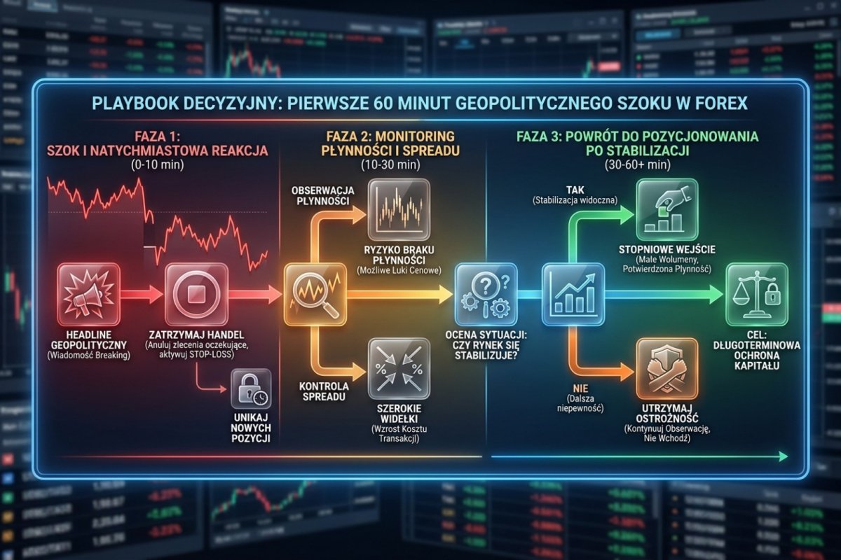 Playbook decyzyjny w pierwszych 60 minutach geopolitycznego szoku — od headline przez monitoring płynności i spreadu do stopniowego powrotu do pozycjonowania po stabilizacji