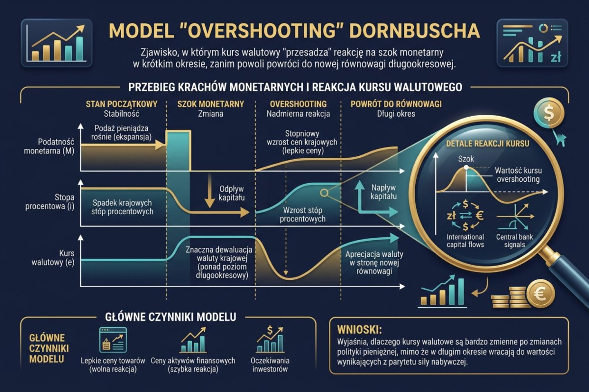 Model overshooting Dornbusha — kurs walutowy „przesadza" reakcję na szok monetarny, zanim wraca do nowej równowagi