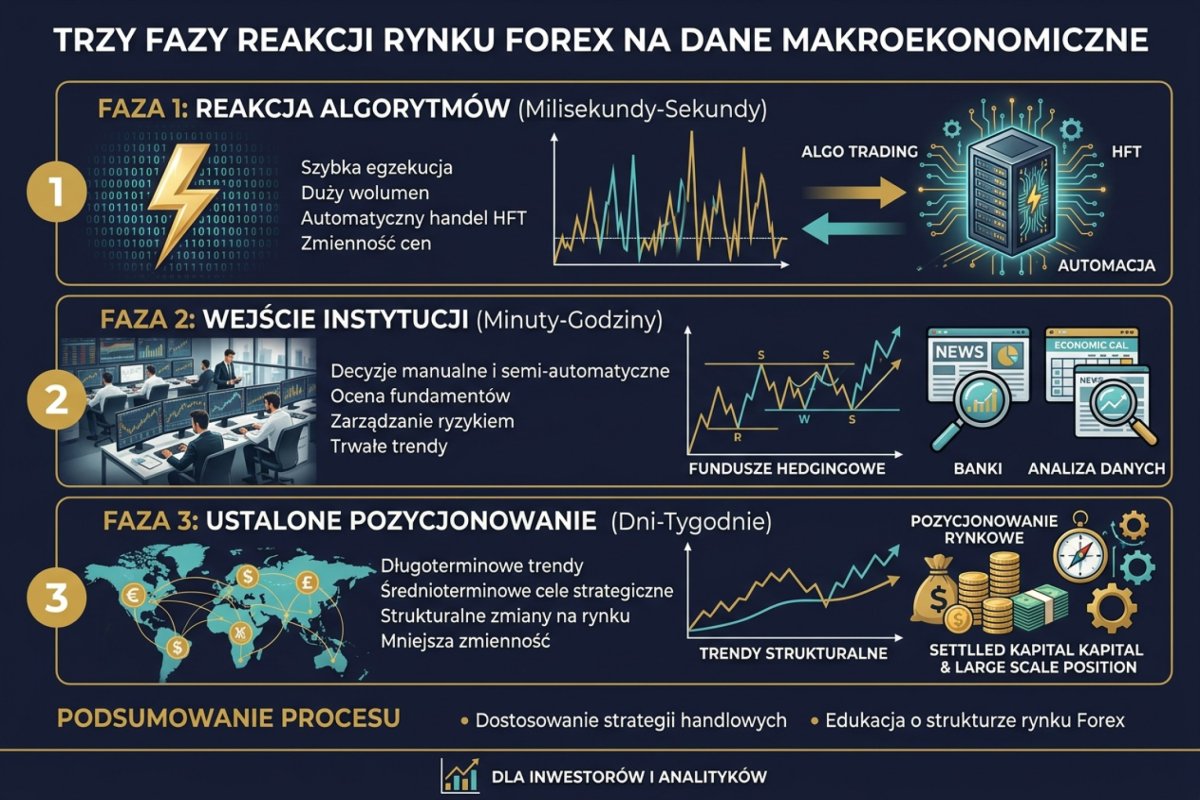 Trzy fazy reakcji rynku na dane makro — algorytmy, instytucje i ustalone pozycjonowanie