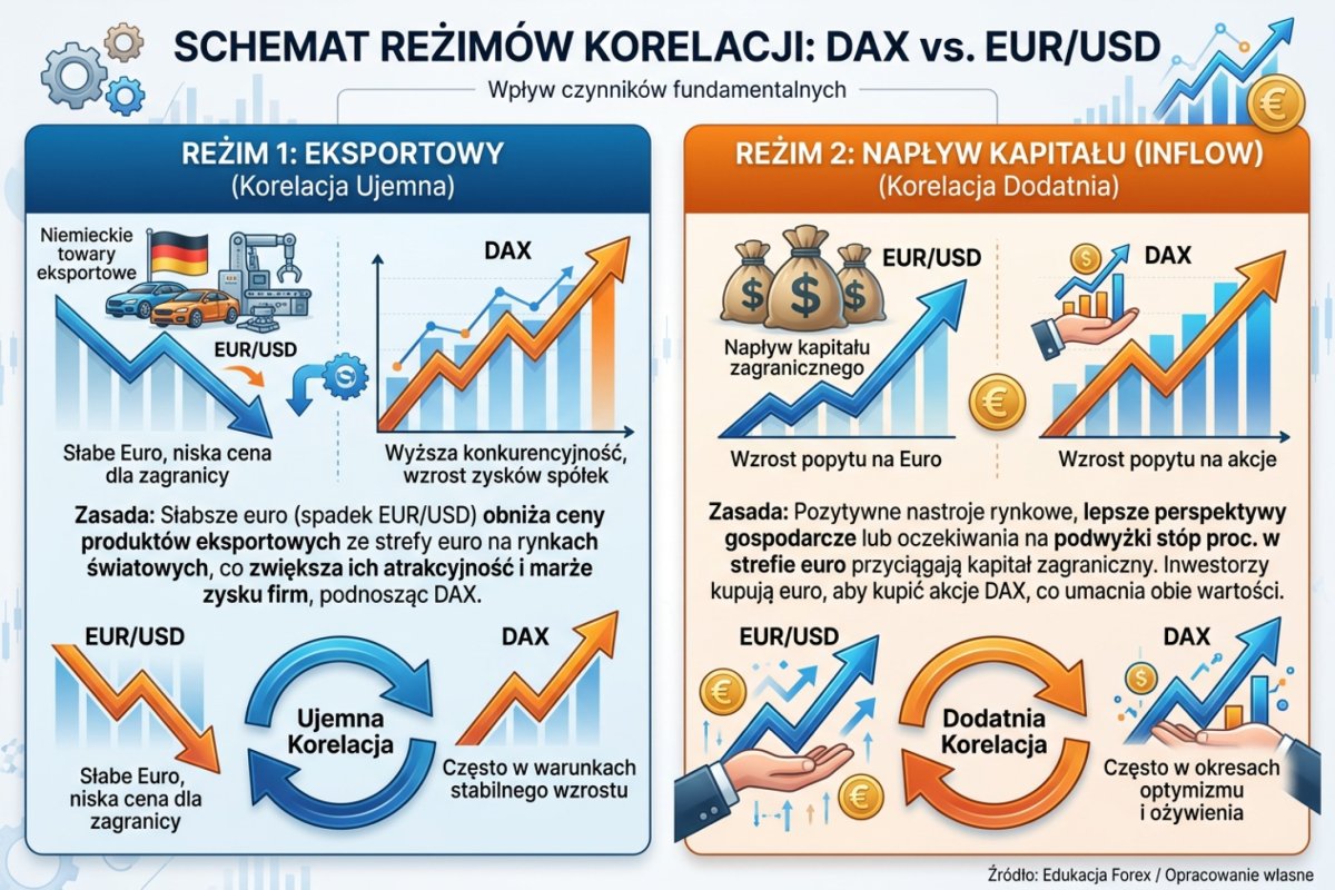 Schemat dwóch reżimów korelacji DAX vs EUR/USD: eksportowy z ujemną korelacją i inflow z dodatnią korelacją