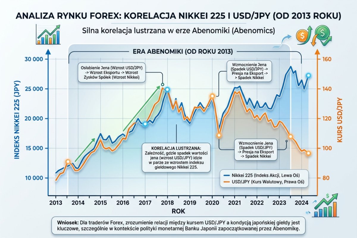 Wykres nakładający Nikkei 225 i USD/JPY od 2013 roku — zmienna korelacja w reżimach Abenomics, YCC i carry unwind 2024