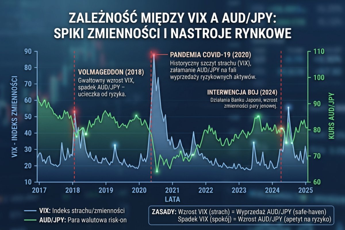 Wykres VIX vs AUD/JPY z zaznaczonymi spikami zmienności: Volmageddon 2018, COVID 2020, BOJ 2024