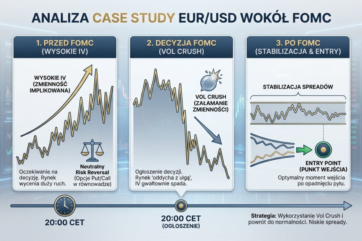 Case study EUR/USD wokół FOMC: wysokie IV przed eventem, neutralny risk reversal, vol crush po decyzji i post-event entry po ustabilizowaniu spreadów