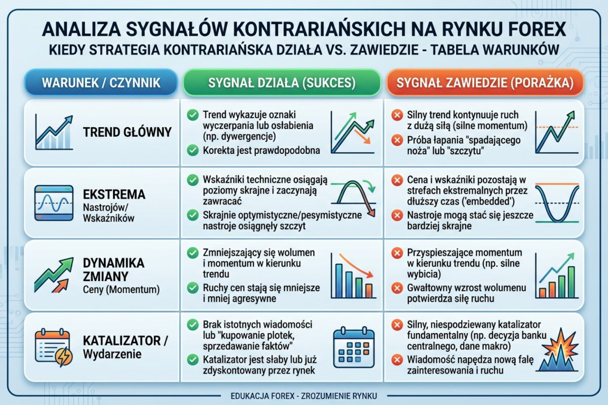 Kiedy sygnał kontrariański działa vs zawodzi — tabela warunków: trend, ekstremum, dynamika zmiany, katalizator