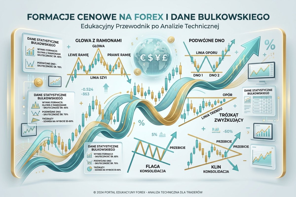Formacje cenowe na Forex — głowa z ramionami, podwójne dno, trójkąty, flagi i kliny na wykresie cenowym z danymi statystycznymi Bulkowskiego