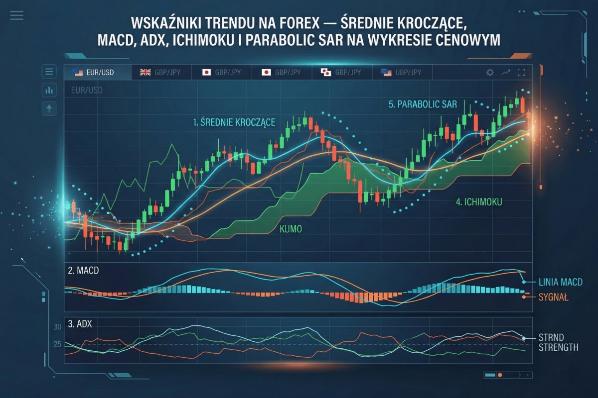 Średnie kroczące i wskaźniki trendu na Forex — SMA, EMA, MACD, ADX, Ichimoku i Parabolic SAR na wykresie cenowym