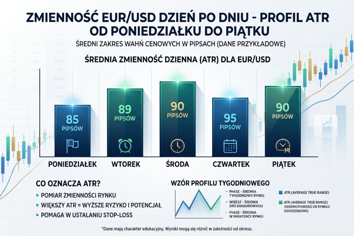 Zmienność EUR/USD dzień po dniu — profil ATR od poniedziałku do piątku