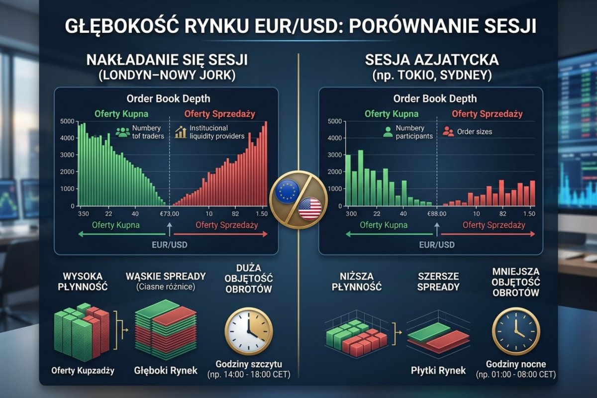 Heatmapa płynności (Bookmap) przed i po publikacji NFP — wizualizacja znikającego arkusza zleceń (DOM), porównanie overlap Londyn–NY z sesją azjatycką
