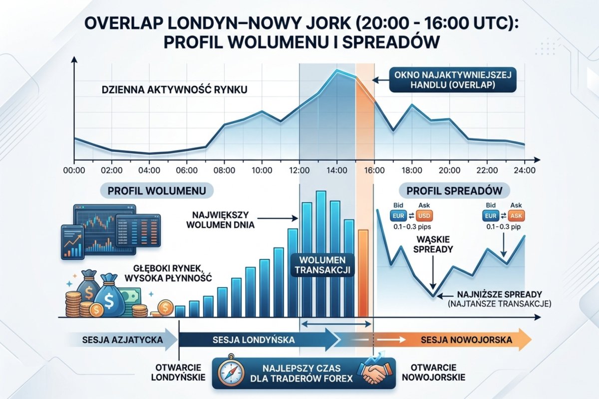 Overlap Londyn–Nowy Jork — profil wolumenu i spreadów w najaktywniejszym oknie dnia