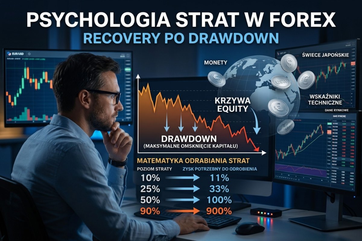 Psychologia strat i drawdown recovery — trader w ciemnym pokoju patrzy na spadającą krzywą equity, matematyka odrabiania strat na wykresie