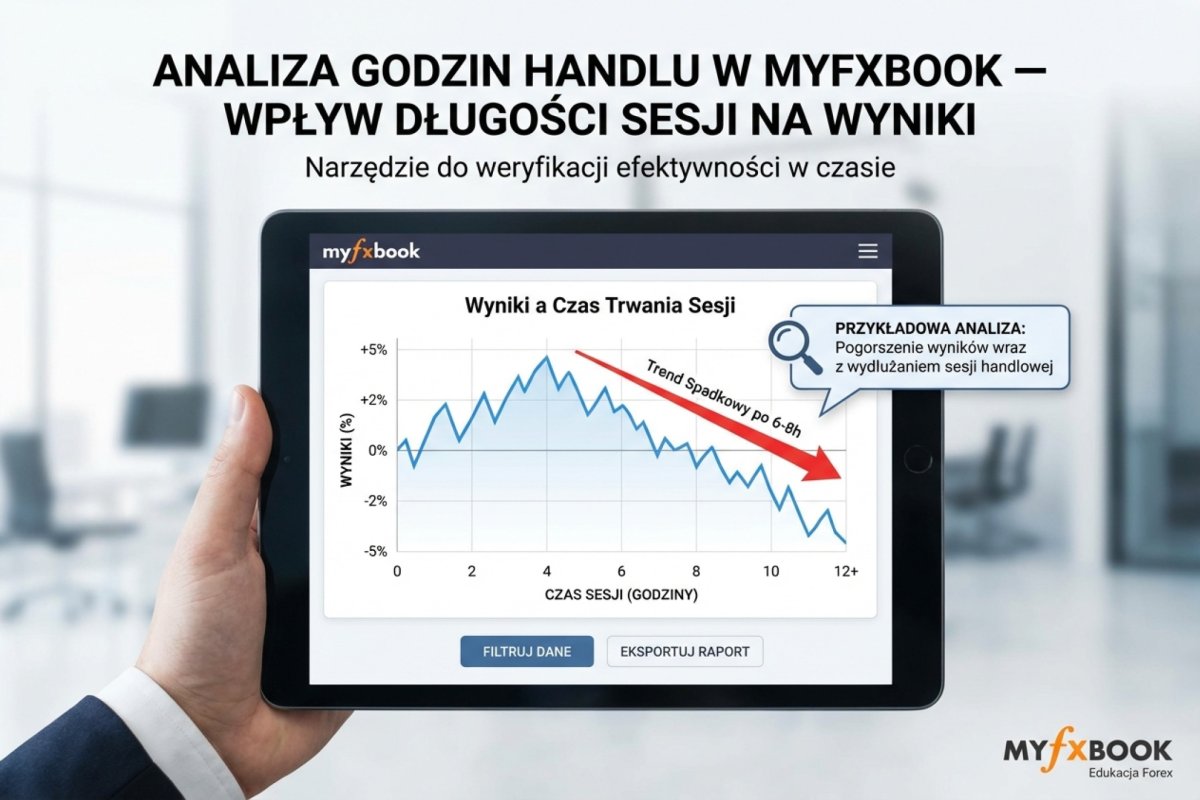 Przykładowa analiza godzin handlu w MyFxBook — narzędzie do sprawdzenia, czy wyniki pogarszają się wraz z długością sesji