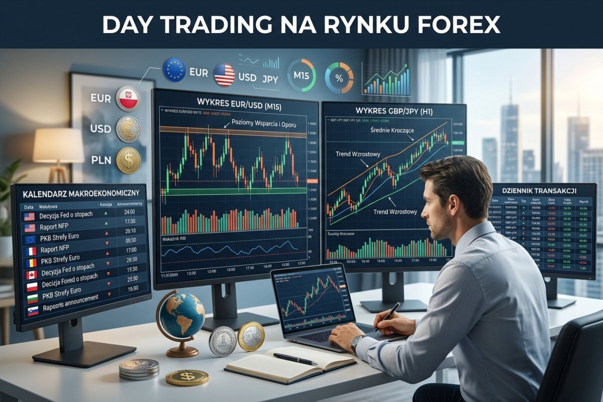 Day trading na rynku Forex — wieloekranowe stanowisko tradera z wykresami M15 i H1, kalendarz makro i dziennik transakcji