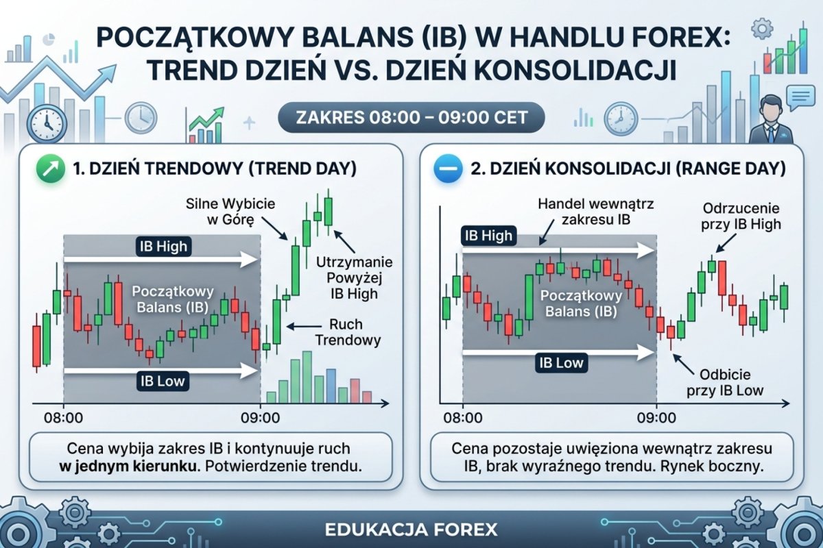 Initial Balance (IB) — szare pole oznaczające zakres 08:00–09:00 CET z poziomami IB High i IB Low: Trend Day (wybicie i utrzymanie) vs Range Day (handel wewnątrz IB)