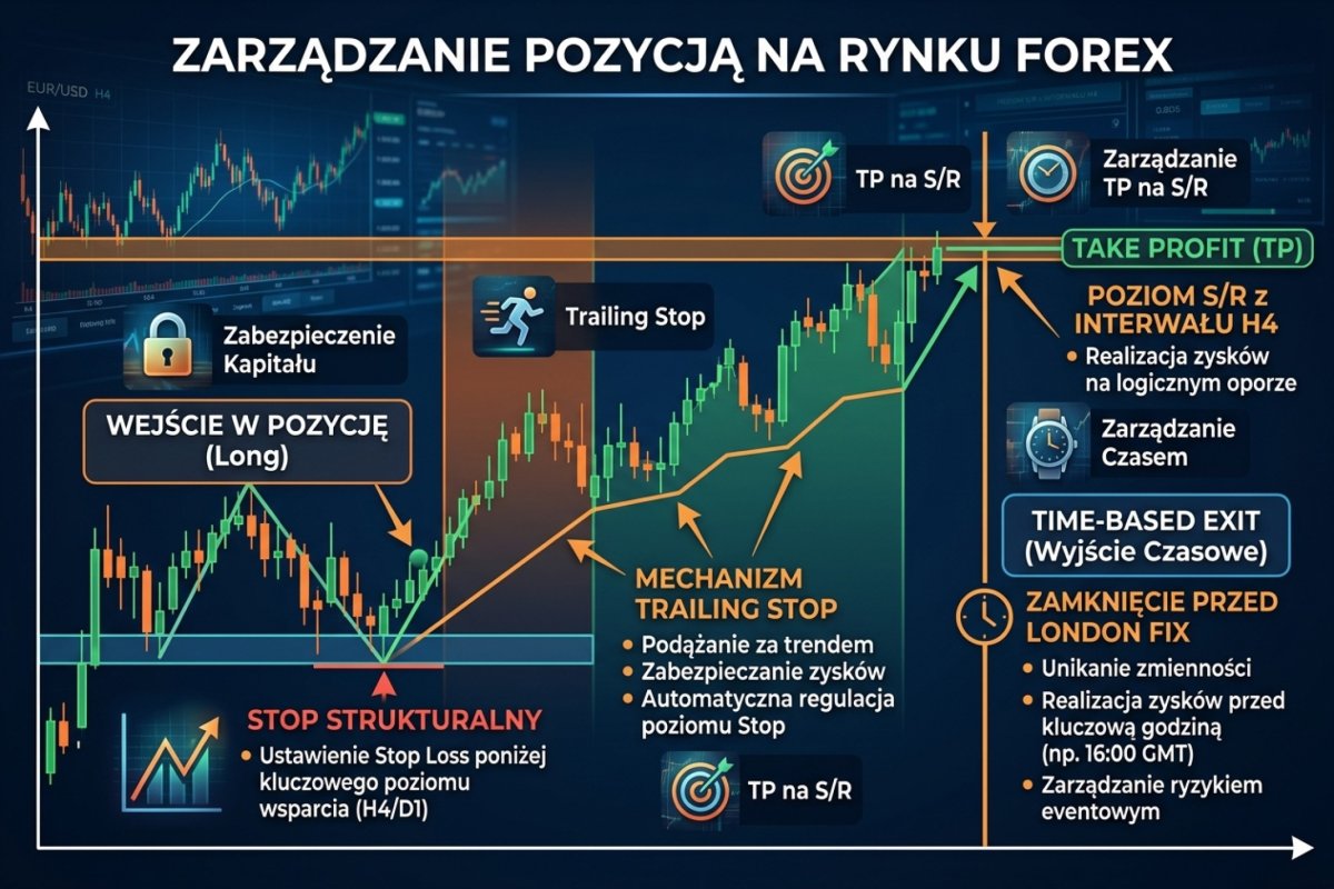 Zarządzanie pozycją — stop strukturalny, TP na S/R z H4, trailing stop, time-based exit przed London Fix