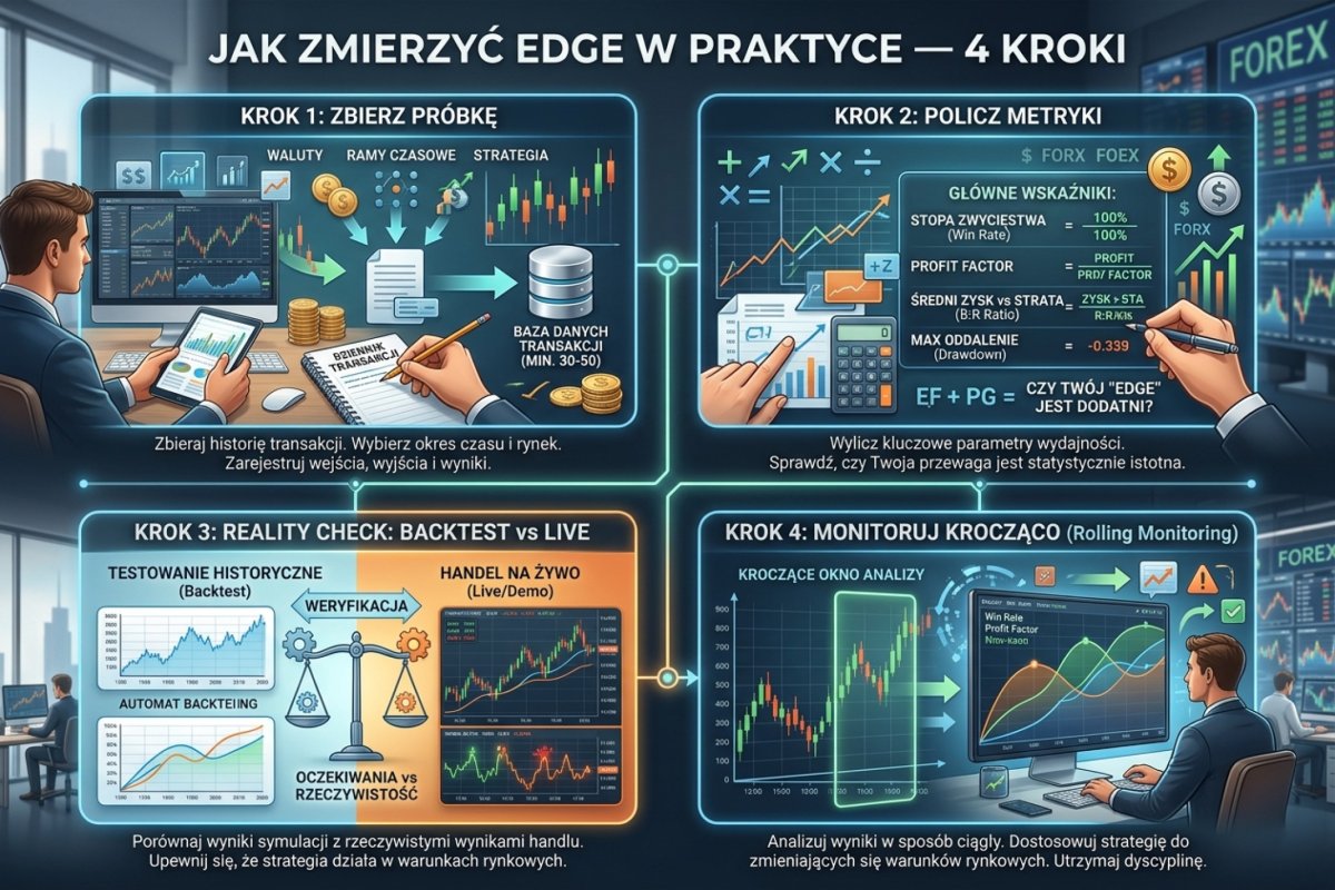 Jak zmierzyć edge w praktyce — 4 kroki: zbierz próbkę, policz metryki, reality check backtest vs live, monitoruj krocząco