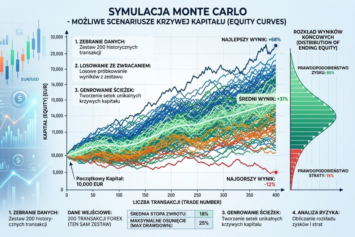 Symulacja Monte Carlo — setki możliwych equity curves z tego samego zestawu transakcji