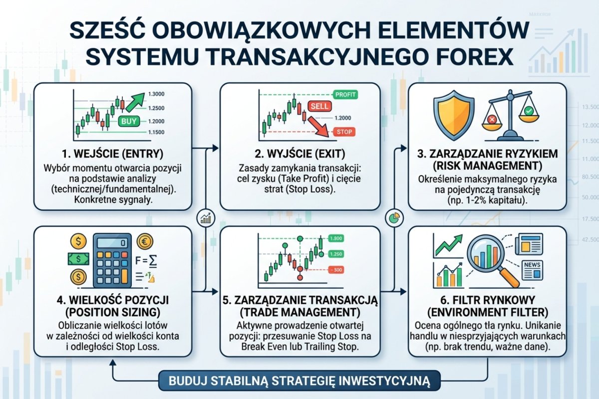 Sześć obowiązkowych elementów systemu transakcyjnego: entry, exit, risk management, position sizing, trade management, environment filter