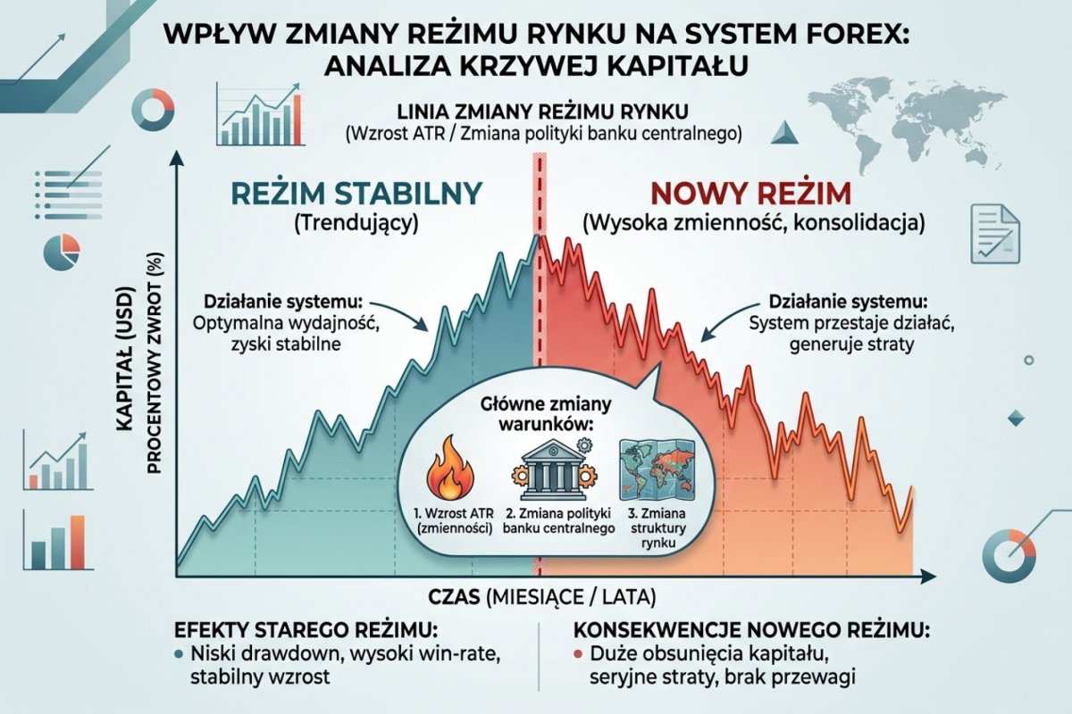 Equity curve systemu z pionową linią przy zmianie reżimu rynku (wzrost ATR / zmiana polityki banku centralnego) — system przestaje działać po zmianie środowiska