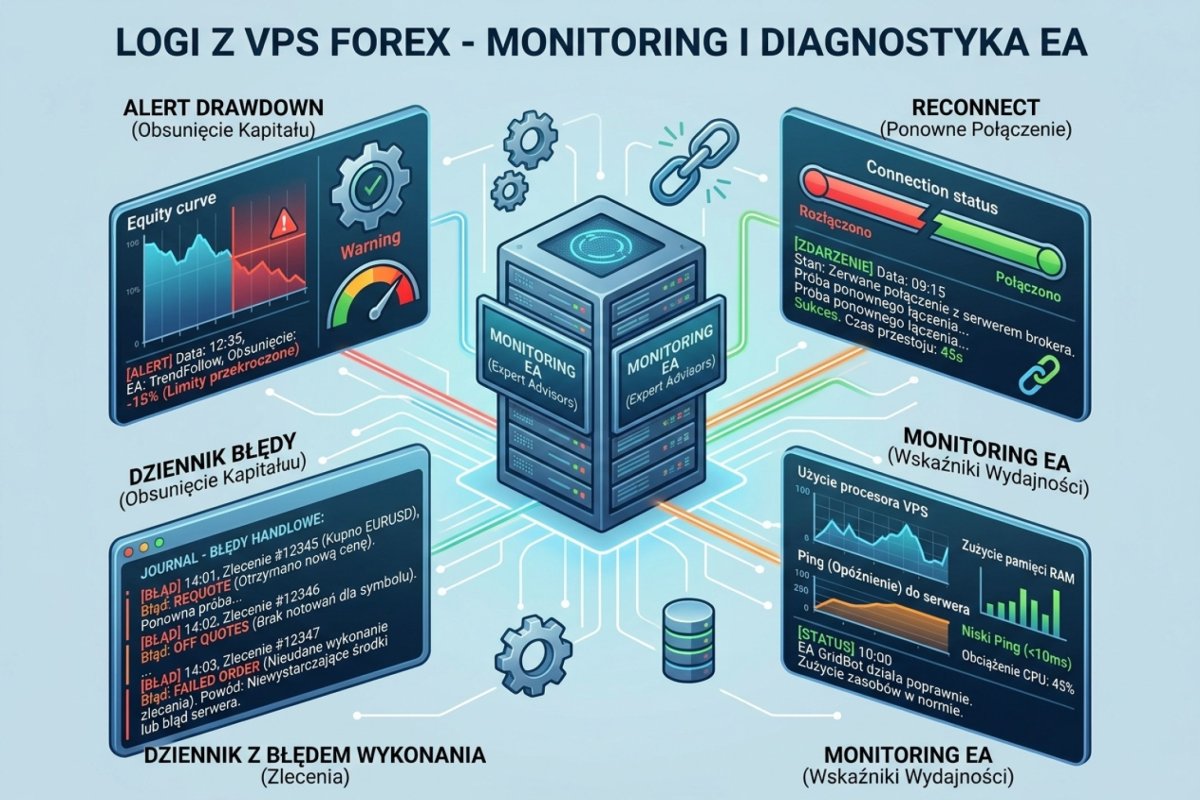Logi z VPS — alert drawdown, reconnect, journal z błędem wykonania (requote / off quotes / failed order), monitoring EA