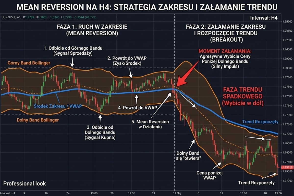 Mean reversion na H4 w zakresie — odbicia od strukturalnych granic zakresu i powroty do mediany zakresu, z zaznaczonym momentem załamania, gdy zakres przechodzi w trend