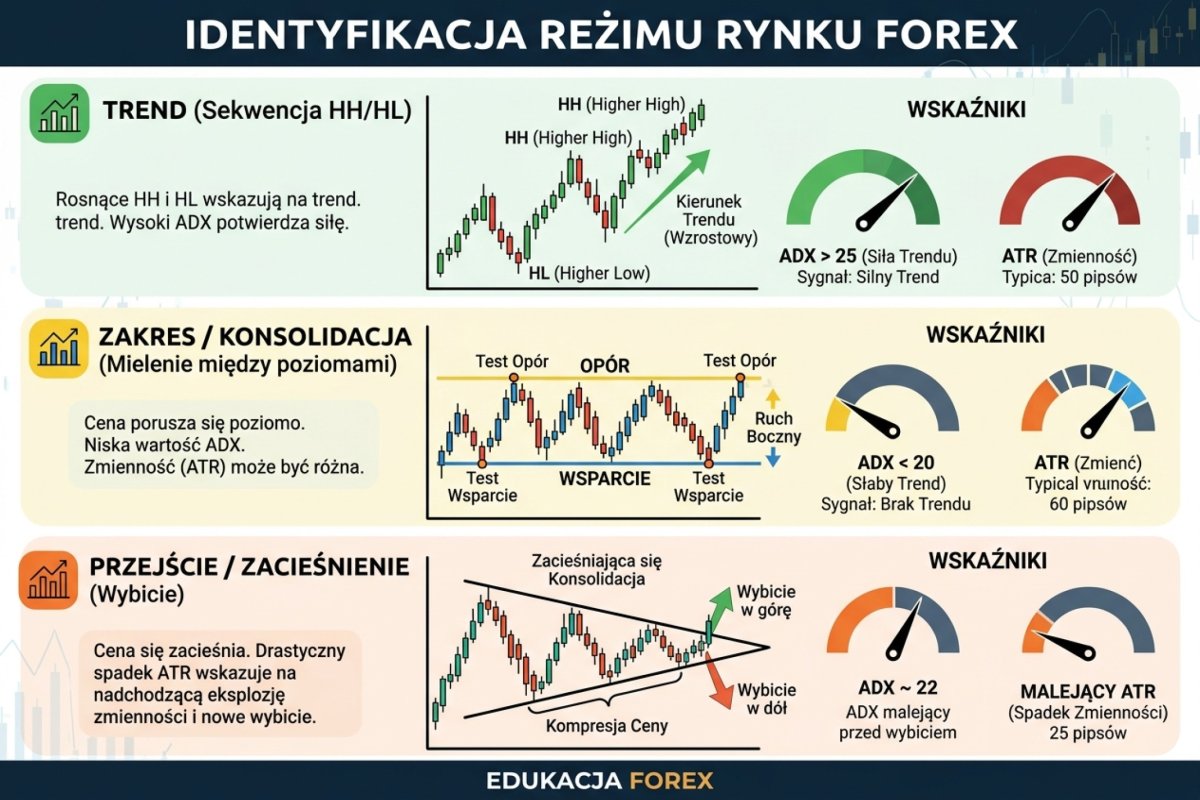 Identyfikacja reżimu rynku — trend (sekwencja HH/HL z nowymi ekstremami), zakres (mielenie między poziomami bez nowych szczytów/dołków) i przejście (zacieśniająca się konsolidacja z malejącym ATR i niską IV)
