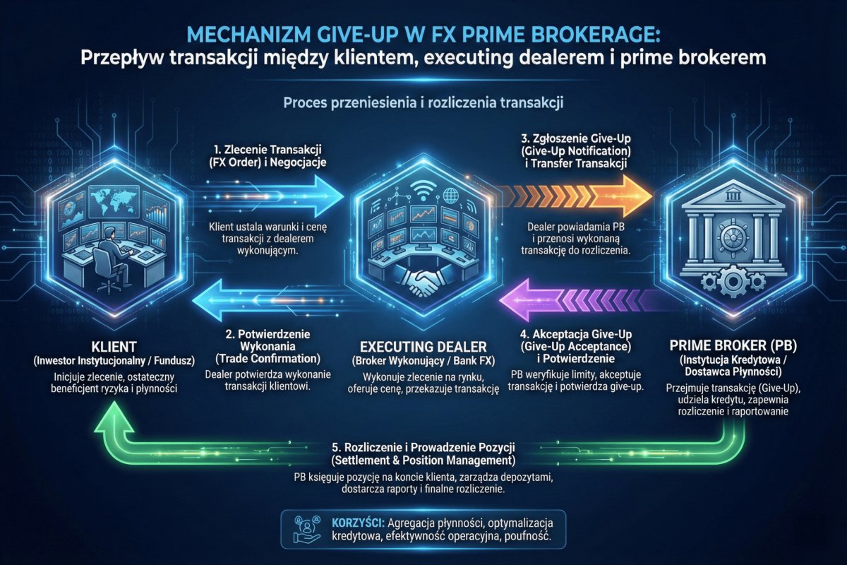 Mechanizm give-up w FX prime brokerage — przepływ transakcji między klientem, executing dealerem i prime brokerem