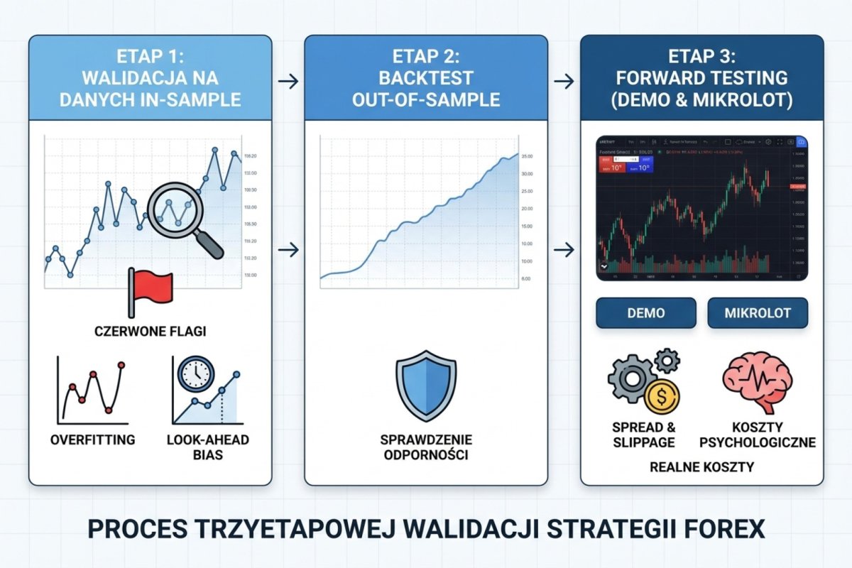 Schemat trzech etapów walidacji strategii: backtest na danych in-sample (czerwone flagi: overfitting, look-ahead bias), backtest out-of-sample (sprawdzenie odporności), forward testing na demo i mikrolocie (realne koszty: spread, slippage, koszty psychologiczne)