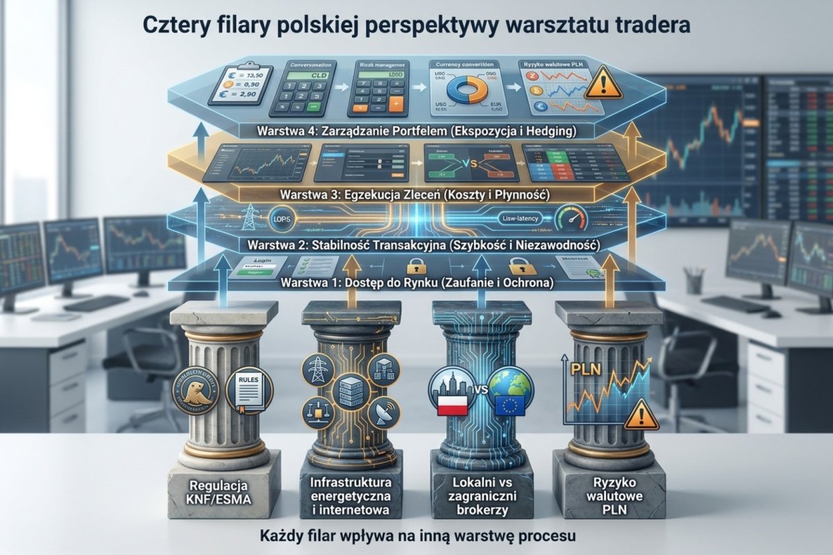 Cztery filary polskiej perspektywy warsztatu tradera: regulacja KNF/ESMA, infrastruktura energetyczna i internetowa, lokalni vs zagraniczni brokerzy, ryzyko walutowe PLN. Każdy filar wpływa na inną warstwę procesu