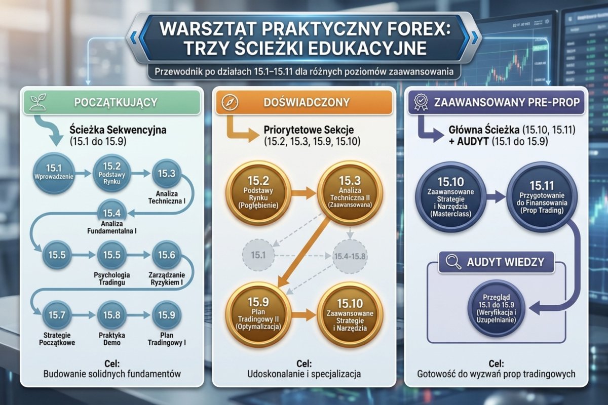 Trzy ścieżki czytania działu warsztat praktyczny — początkujący (15.1 do 15.9 sekwencyjnie), doświadczony (priorytet 15.2 15.3 15.9 15.10), zaawansowany pre-prop (15.10 15.11 plus audyt 15.1 do 15.9)