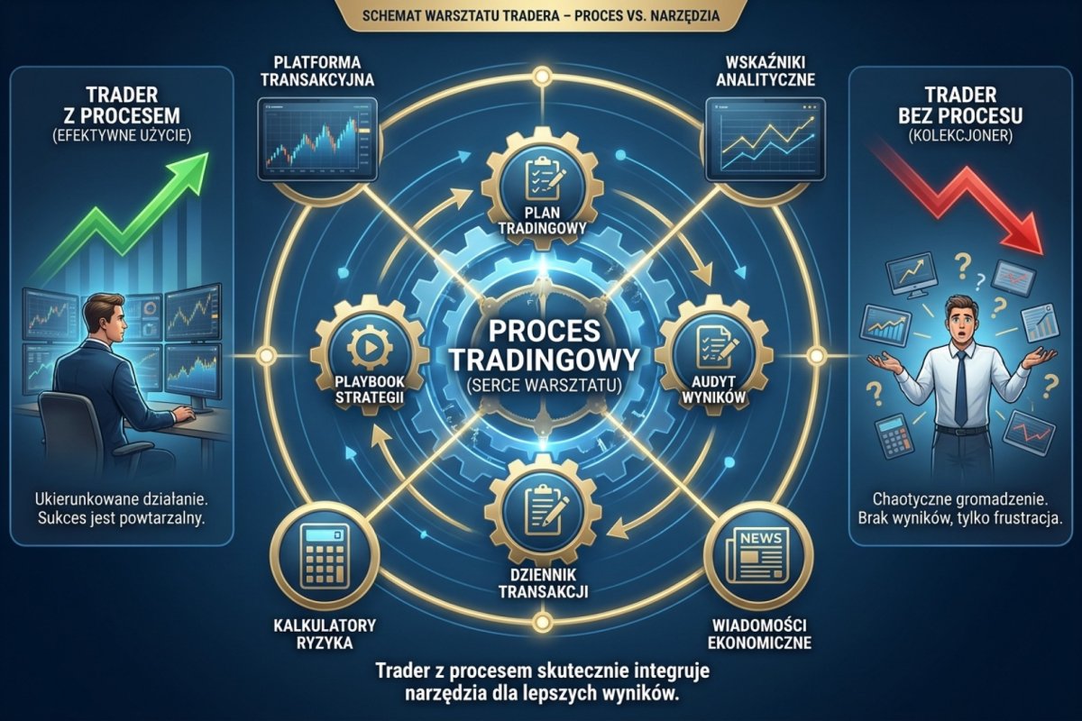 Schemat warsztatu tradera — w centrum proces (plan, playbook, dziennik, audyt), wokół narzędzia (platforma, wskaźniki, kalkulatory). Trader z procesem korzysta z narzędzi; trader bez procesu kolekcjonuje narzędzia bez wyniku