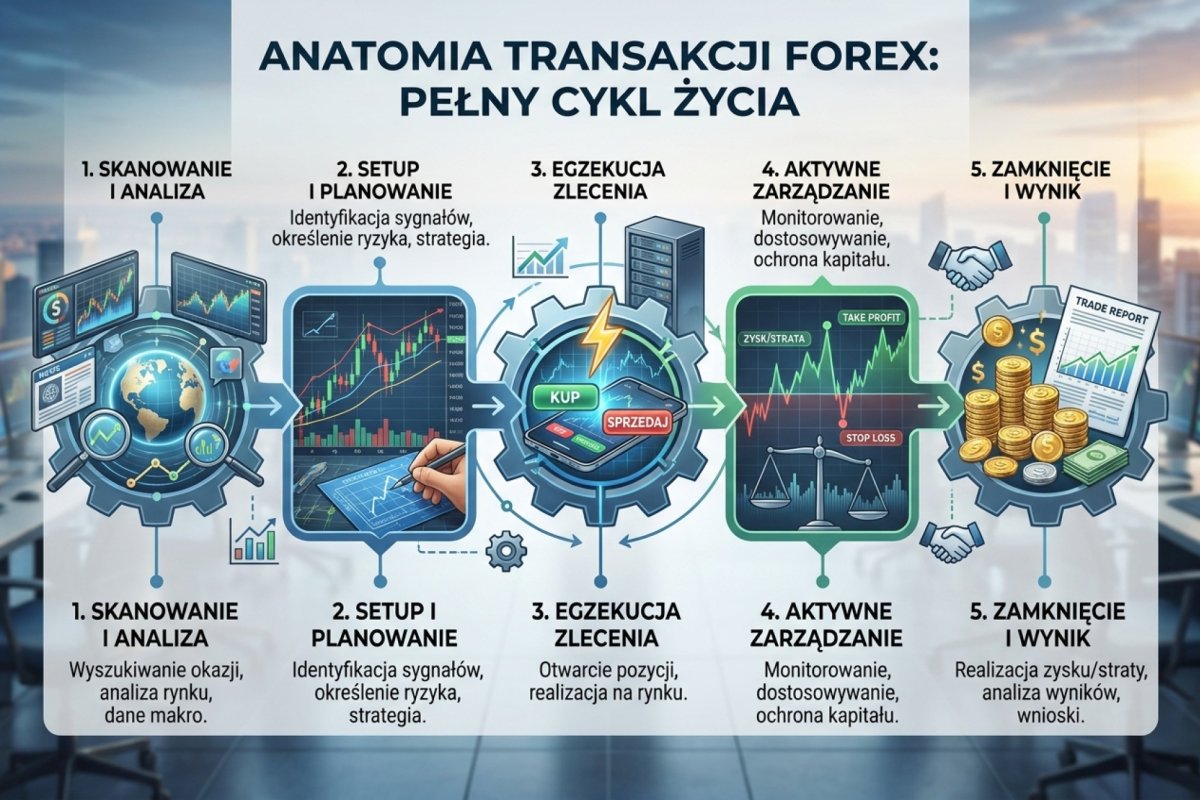 Anatomia transakcji Forex — pełny cykl życia od skanowania, przez setup, egzekucję, aktywne zarządzanie pozycją, aż do zamknięcia