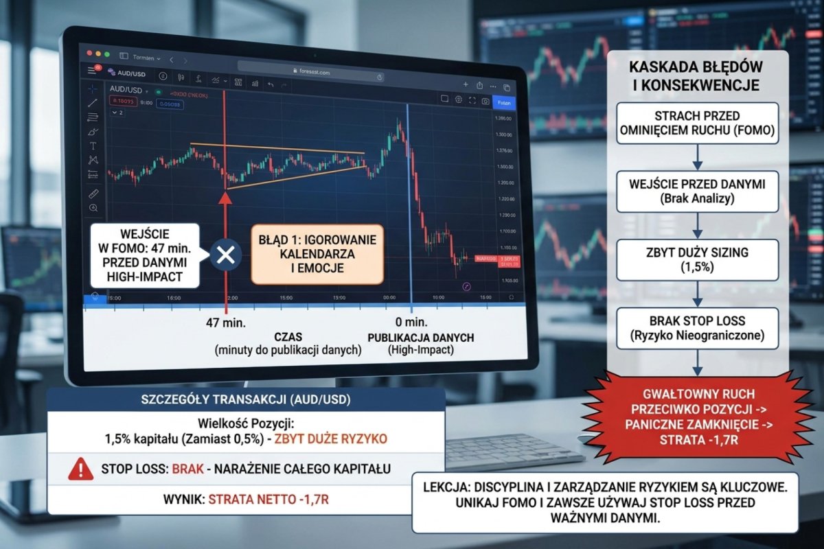 Case study stratnej transakcji w FOMO na AUD/USD — wejście 47 minut przed publikacją high-impact bez Stop Loss, sizing 1,5 procenta zamiast 0,5, strata netto −1,7R przez kaskadę błędów