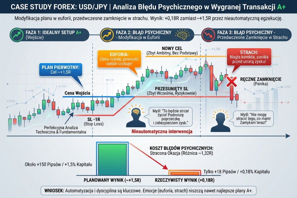 Case study wygranej transakcji A+ na USD/JPY z błędem psychicznym — modyfikacja planu w euforii, przedwczesne zamknięcie w strachu, +0,18R zamiast planowych około +1,5R przez nieautomatyczną egzekucję