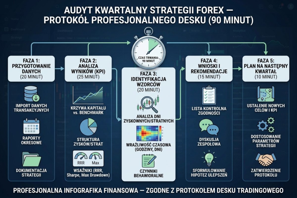 Audyt kwartalny strategii Forex w 90 minut — pięć faz od przygotowania danych po plan na następny kwartał, zgodne z protokołem profesjonalnego desku
