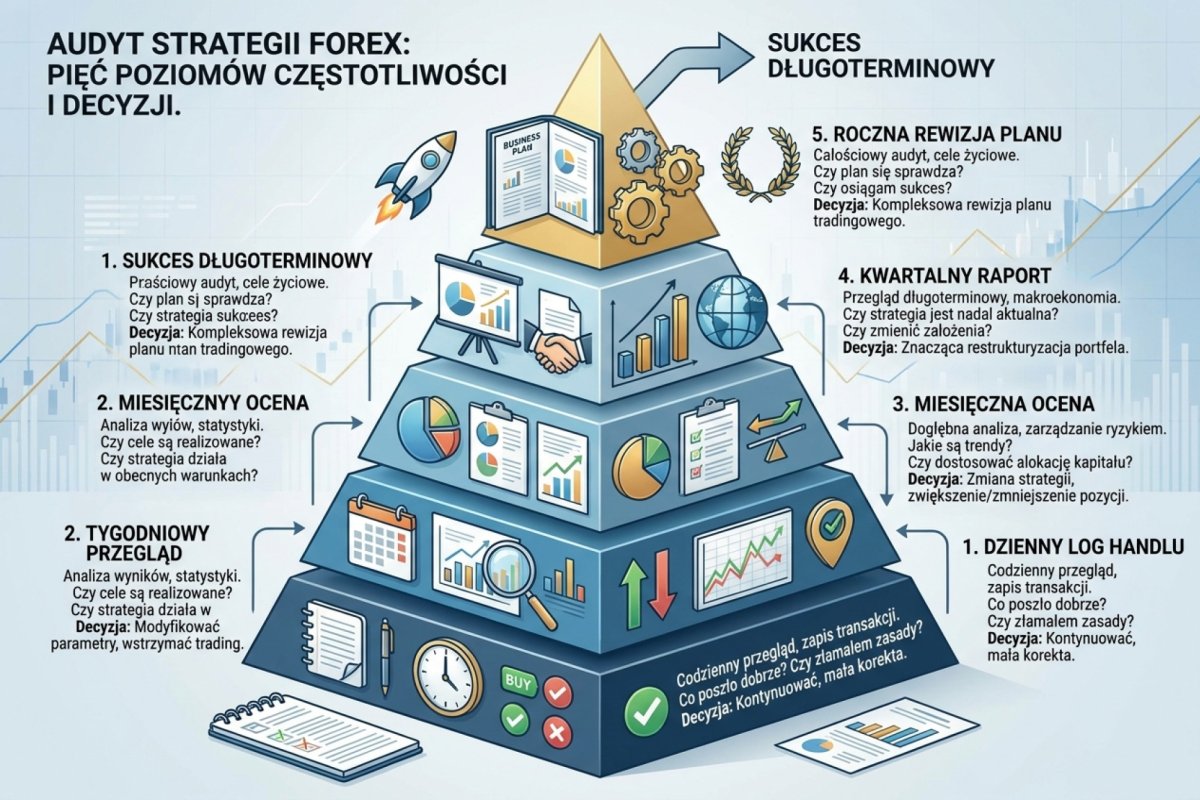 Audyt strategii Forex — pięć poziomów częstotliwości od dziennego logu po roczną rewizję planu, z różnymi pytaniami i kryteriami decyzyjnymi