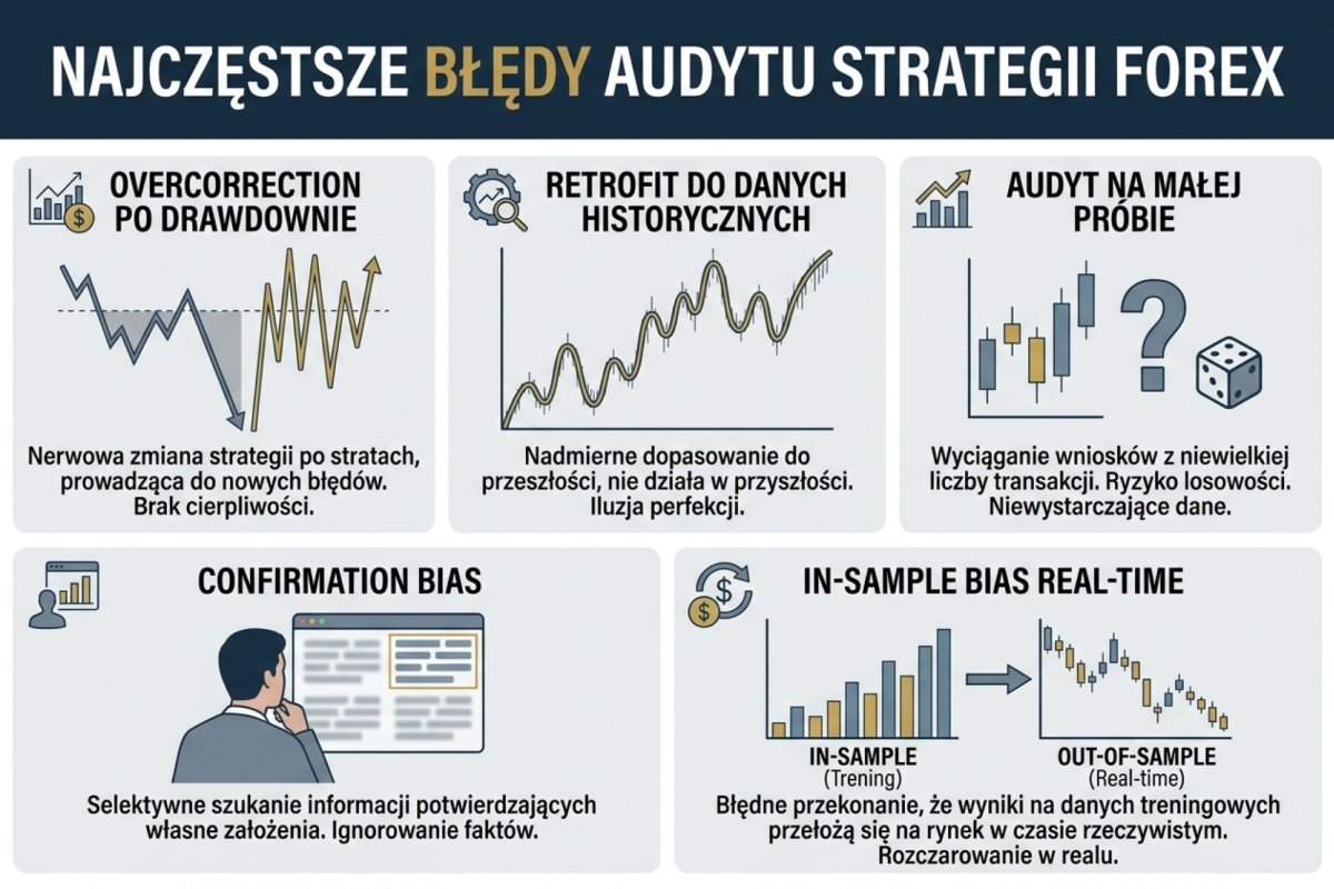 Najczęstsze błędy audytu strategii Forex — overcorrection po drawdownie, retrofit do danych historycznych, audyt na małej próbie, confirmation bias, in-sample bias real-time