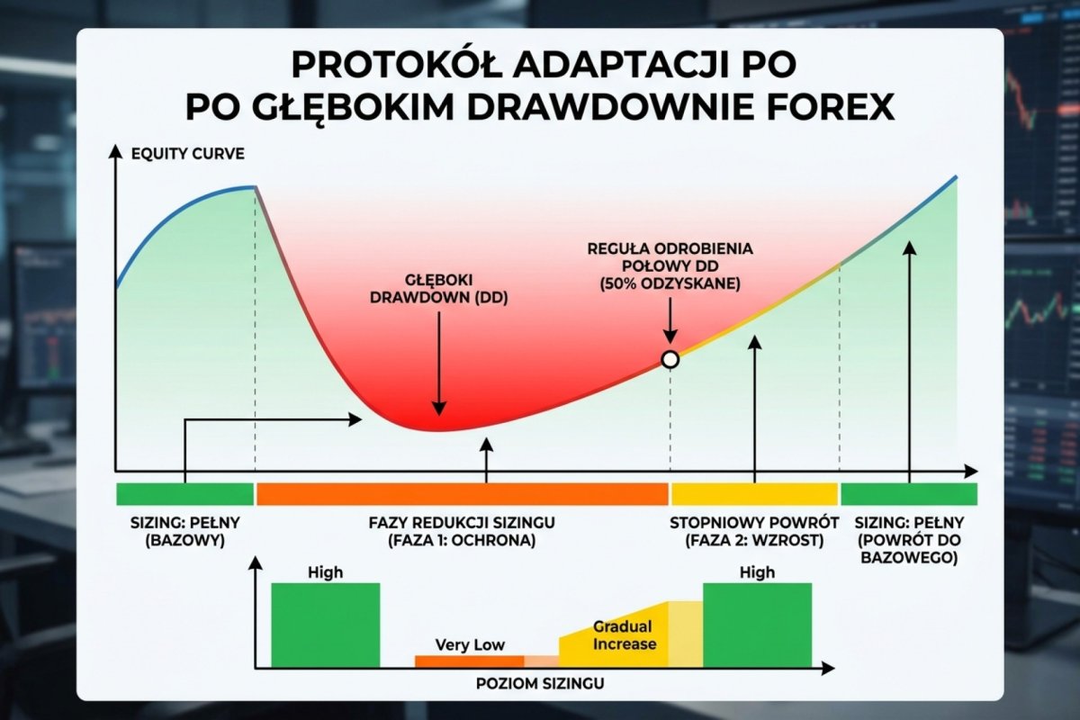 Protokół adaptacji po głębokim drawdownie Forex — fazy redukcji sizingu i powrotu do bazowego, reguła odrobienia połowy DD przed pełnym sizingiem