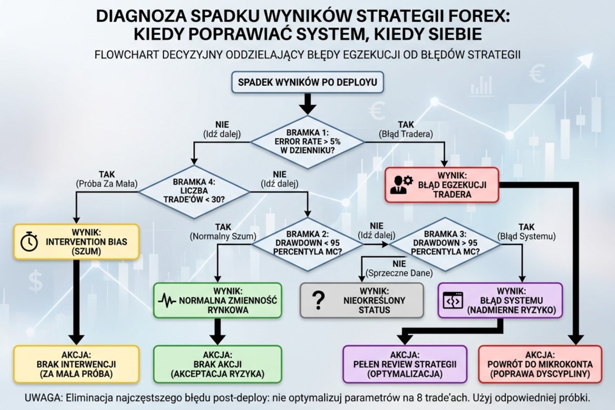 Flowchart decyzyjny diagnozy spadku wyników strategii Forex — kiedy poprawiać system, a kiedy siebie. Cztery bramki: error rate w dzienniku, drawdown vs 95 percentyl Monte Carlo, liczba trade ów po deploy, max seria strat vs historyczna norma. Wizualizacja oddziela błędy egzekucji tradera od błędów strategii i eliminuje optymalizację parametrów na zbyt małej próbie po wdrożeniu