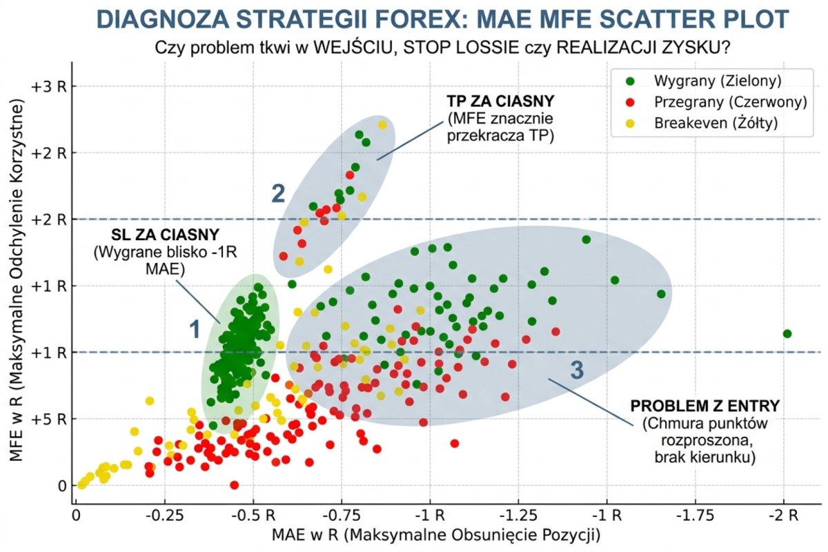 MAE MFE scatter plot diagnozy strategii Forex — oś X to MAE w R (maksymalne obsunięcie pozycji), oś Y to MFE w R (maksymalne odchylenie korzystne), kolor punktu wygrany przegrany breakeven. Trzy strefy diagnostyczne: SL za ciasny gdy wygrane skupione blisko −1R MAE, TP za ciasny gdy MFE pozycji znacznie przekracza realizowany TP, problem z entry gdy chmura punktów rozproszona bez kierunku. Wizualizacja odpowiada na pytanie czy problem jest w wejściu, w stop lossie czy w realizacji zysku