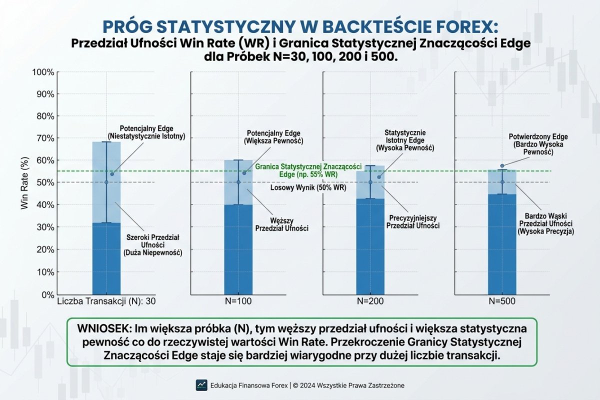 Próg statystyczny w backteście Forex — przedział ufności win rate dla próbek N=30, 100, 200 i 500 transakcji, granica statystycznej znaczącości edge