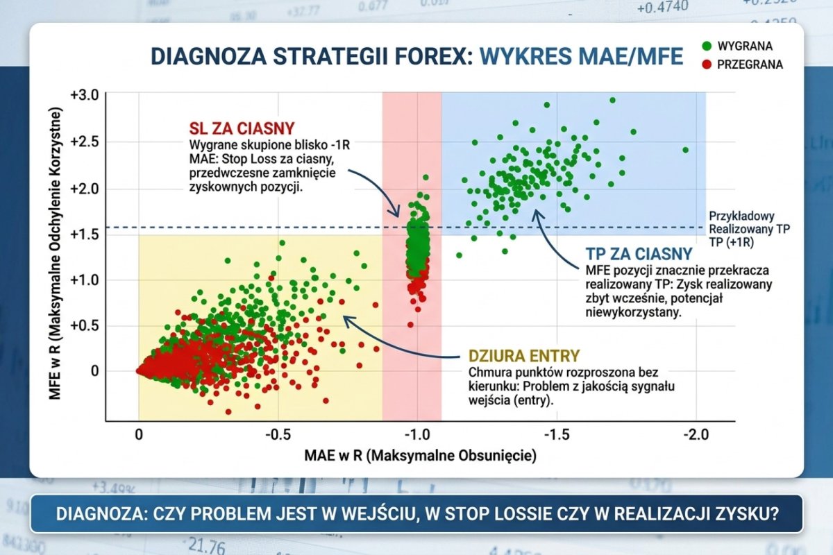 MAE/MFE scatter plot diagnozy strategii — oś X to MAE w R (maksymalne obsunięcie), oś Y to MFE w R (maksymalne odchylenie korzystne), kolor punktu wygrany/przegrany. Trzy strefy diagnostyczne: SL za ciasny gdy wygrane skupione blisko −1R MAE, TP za ciasny gdy MFE pozycji znacznie przekracza realizowany TP, dziura entry gdy chmura punktów rozproszona bez kierunku. Wizualizacja odpowiada na pytanie czy problem jest w wejściu, w stop lossie czy w realizacji zysku