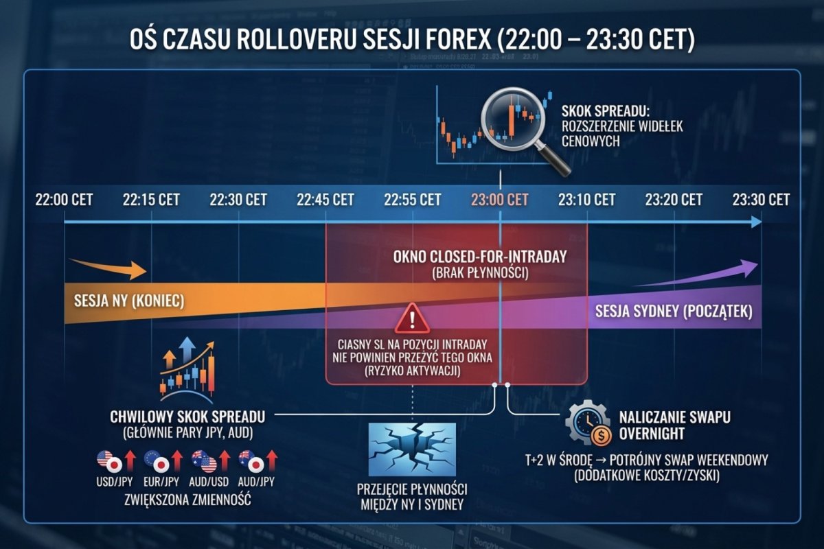 Oś czasu rolloveru sesji od 22:00 do 23:30 CET — moment przejęcia płynności między NY i Sydney, chwilowy spike spreadu na parach z JPY i AUD około 23:00, naliczanie swapu overnight (T+2 w środę → potrójny swap weekendowy), okno closed-for-intraday 22:55 do 23:10. Wizualizacja, dlaczego ciasny SL na pozycji intraday nie powinien przeżyć tego okna