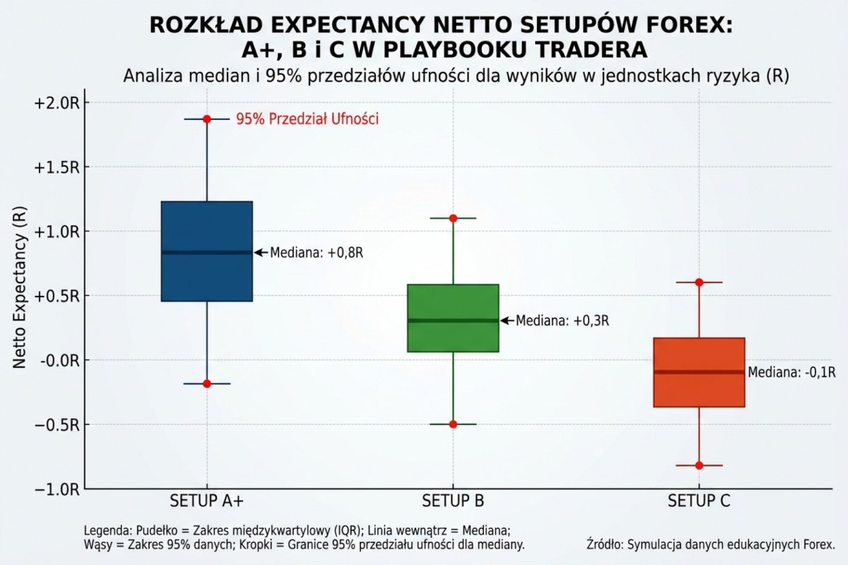 Rozkład expectancy netto setupów A+, B i C w playbooku tradera — A+ z medianą +0,8R, B z medianą +0,3R, C z medianą -0,1R. Wykres pudełkowy z 95% przedziałem ufności