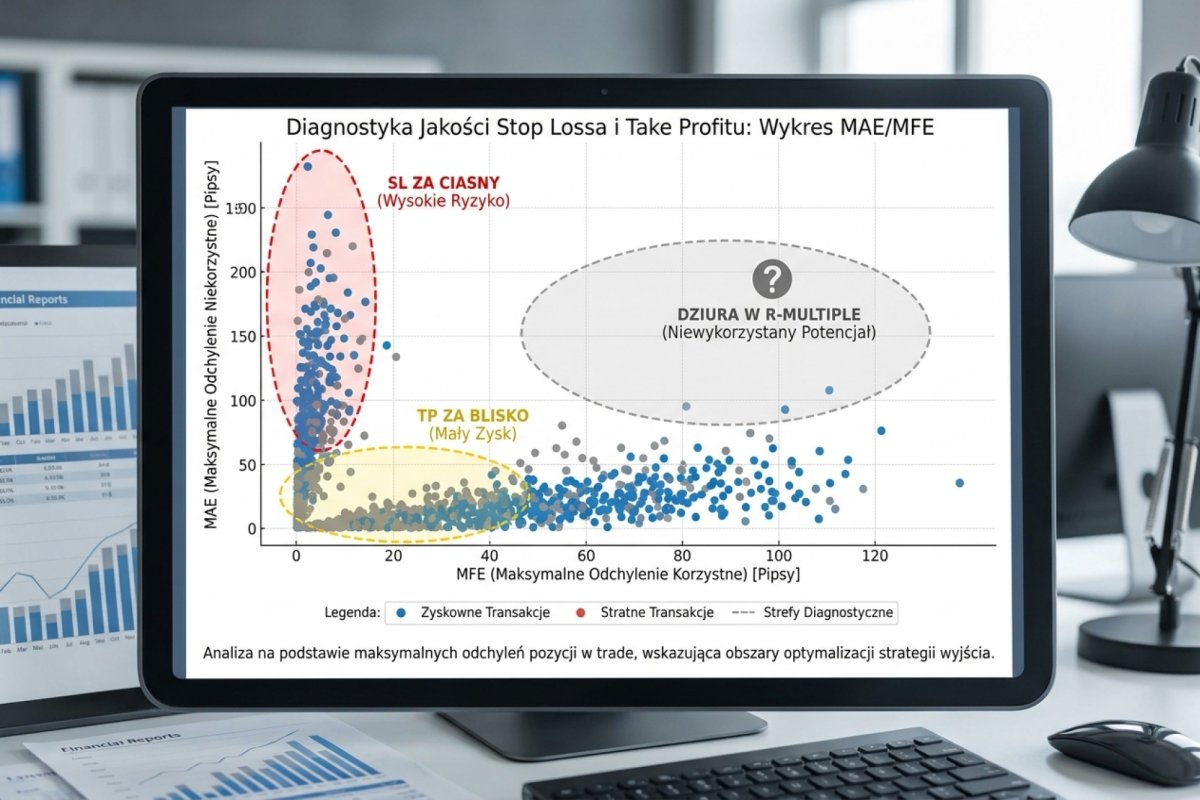 Wykres scatter plot MAE/MFE — diagnostyka jakości Stop Lossa i Take Profitu na podstawie maksymalnych odchyleń pozycji w trade. Trzy strefy: SL za ciasny, TP za blisko, dziura w R-multiple