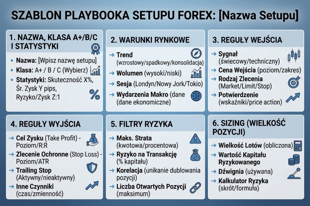 Szablon playbooka z opisem pojedynczego setupu Forex — 6 elementów: nazwa, klasa A+/B/C i statystyki, warunki rynkowe, reguły wejścia, reguły wyjścia, filtry ryzyka i sizing