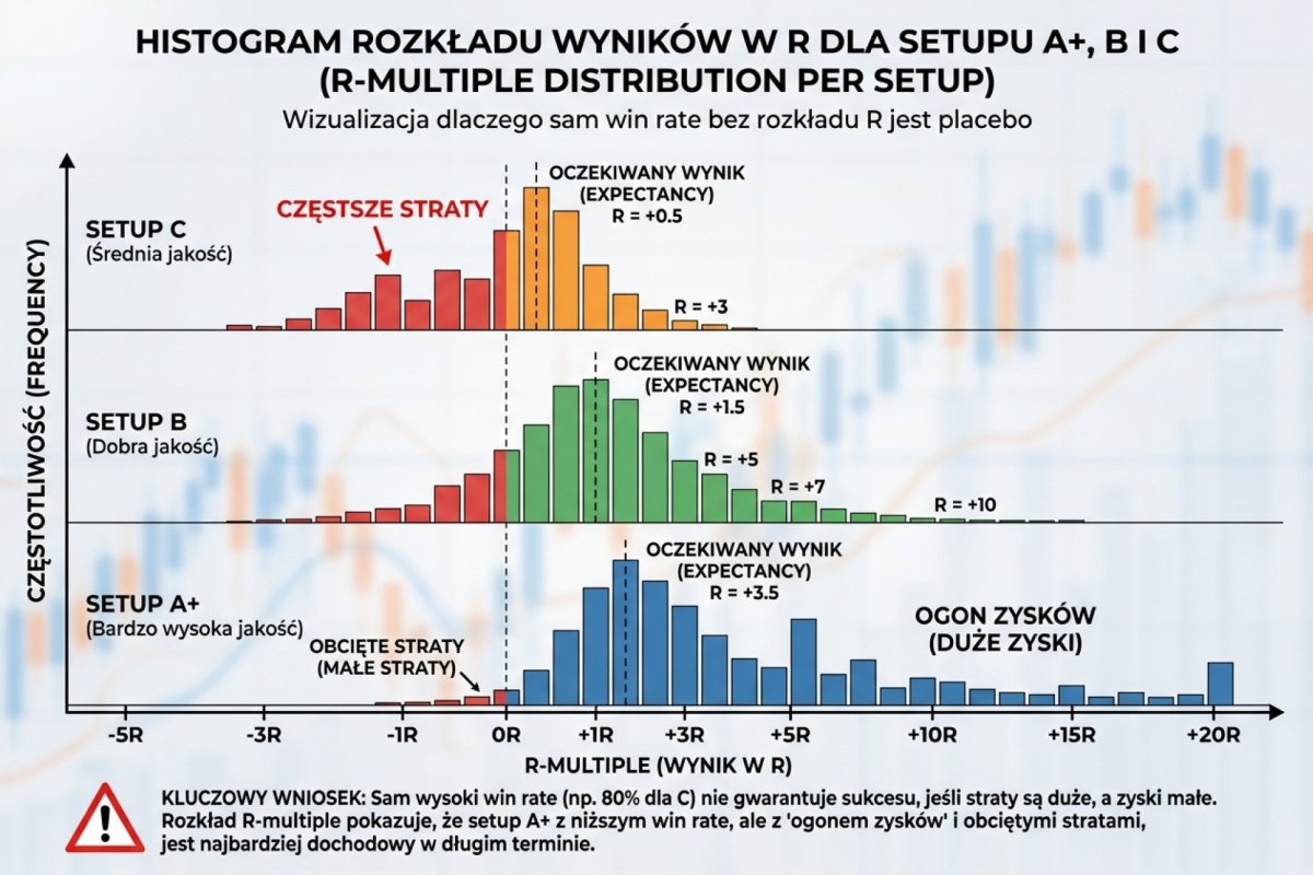 Histogram R-multiple distribution per setup — rozkład wyników w R dla setupu A+, B i C. Pionowa linia expectancy, ogon zysków po prawej stronie po obciętych stratach na lewej. Wizualizacja pokazuje, dlaczego sam win rate bez rozkładu R jest placebo