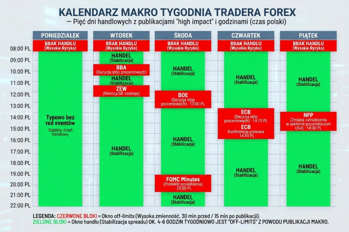 Kalendarz makro tygodnia tradera Forex — pięć dni handlowych z oznaczonymi publikacjami high impact i godzinami w czasie polskim. Poniedziałek typowo bez red eventów, wtorek RBA i ZEW, środa BOE 13:00 PL i FOMC minutes 20:00 PL, czwartek ECB 14:15 PL plus press conference 14:45 PL, piątek NFP 14:30 PL. Czerwone bloki to okna 30 minut przed publikacją plus 15 minut po, w których nie wchodzi się w nowe pozycje. Zielone bloki to okna handlu po stabilizacji spreadu. Wizualizacja pokazuje rytm tygodnia, w którym ok. 4-6 godzin to off-limits z powodu publikacji makro